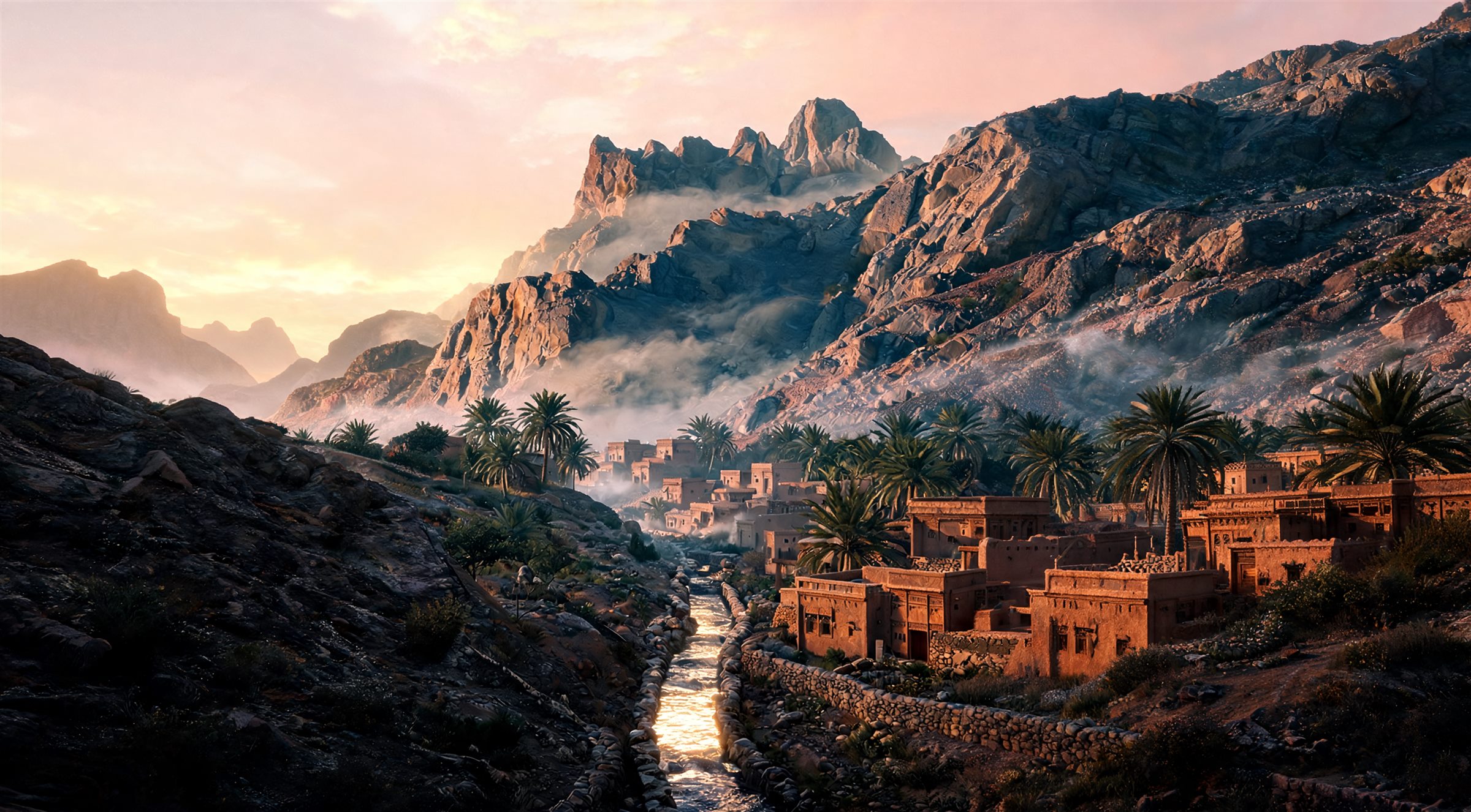Dawn over a mountain village in Oman, mist in the valley and a stone channel of water running down to the viewer (AI-generated concept image)