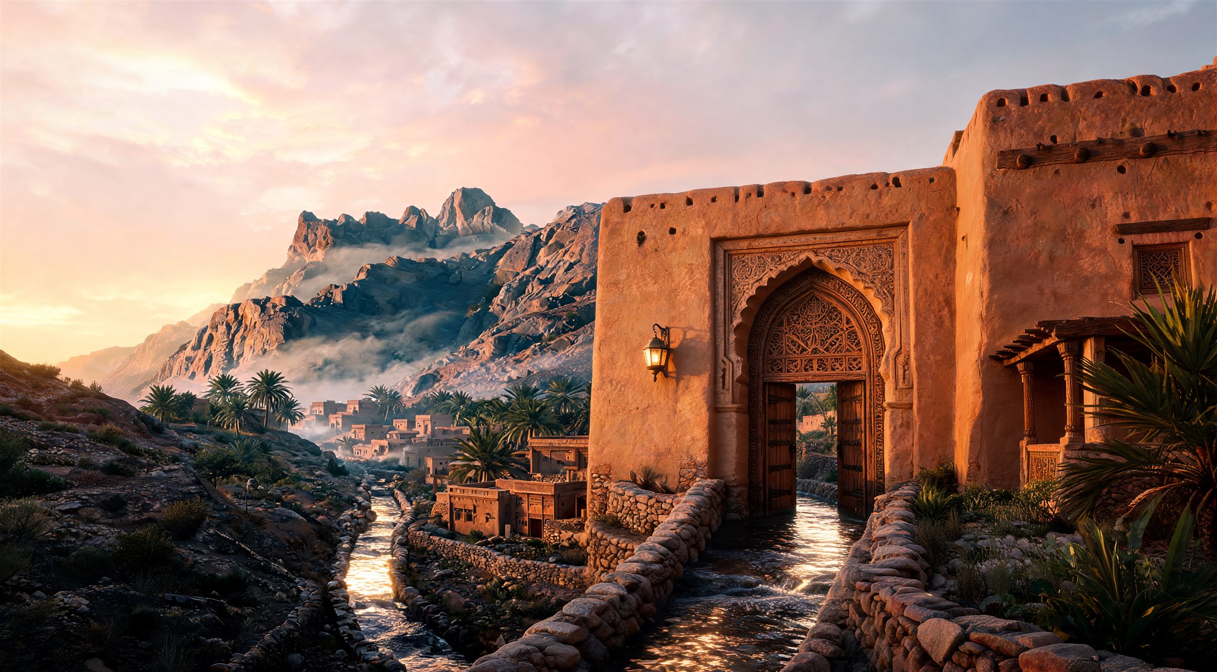 A carved wooden gate with a scalloped arch, a lantern and water running beneath it (AI-generated concept image)