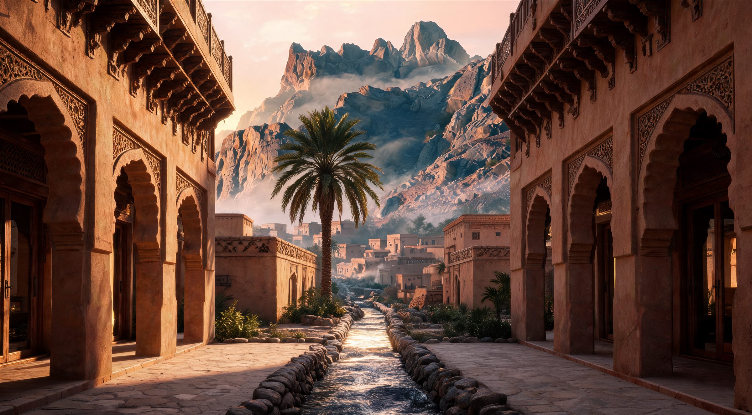 A mud-brick courtyard with a palm and a water channel leading toward the mountain (AI-generated concept image)