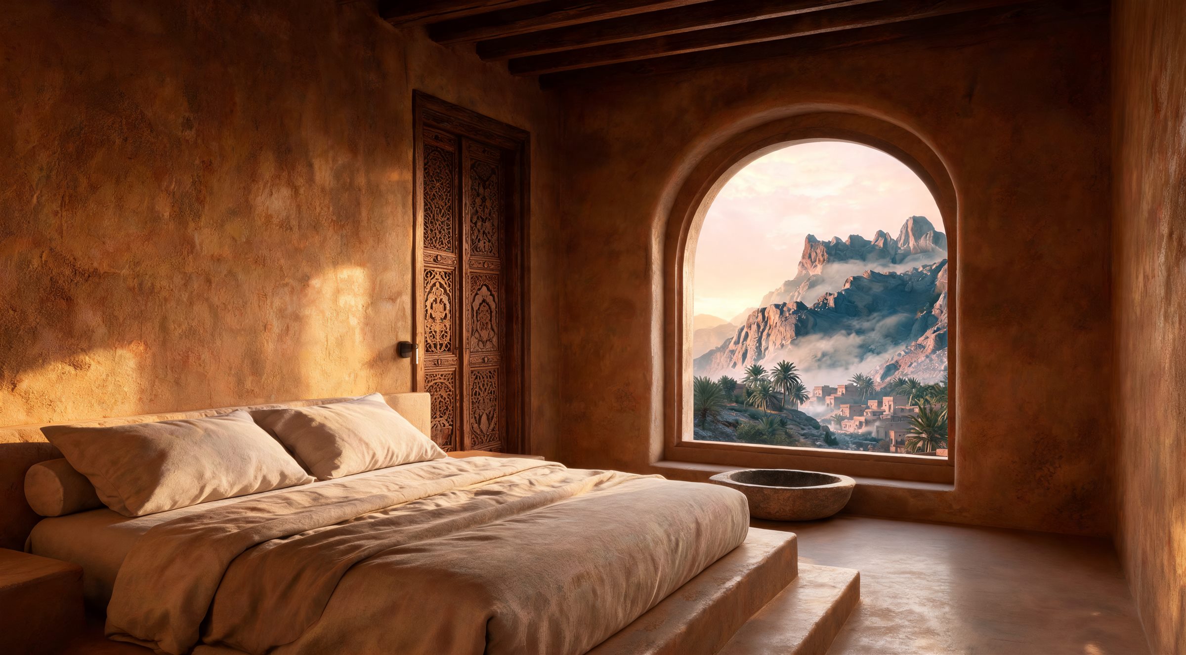 A lime-plastered suite with an arched window onto the mountain and a stone basin (AI-generated concept image)