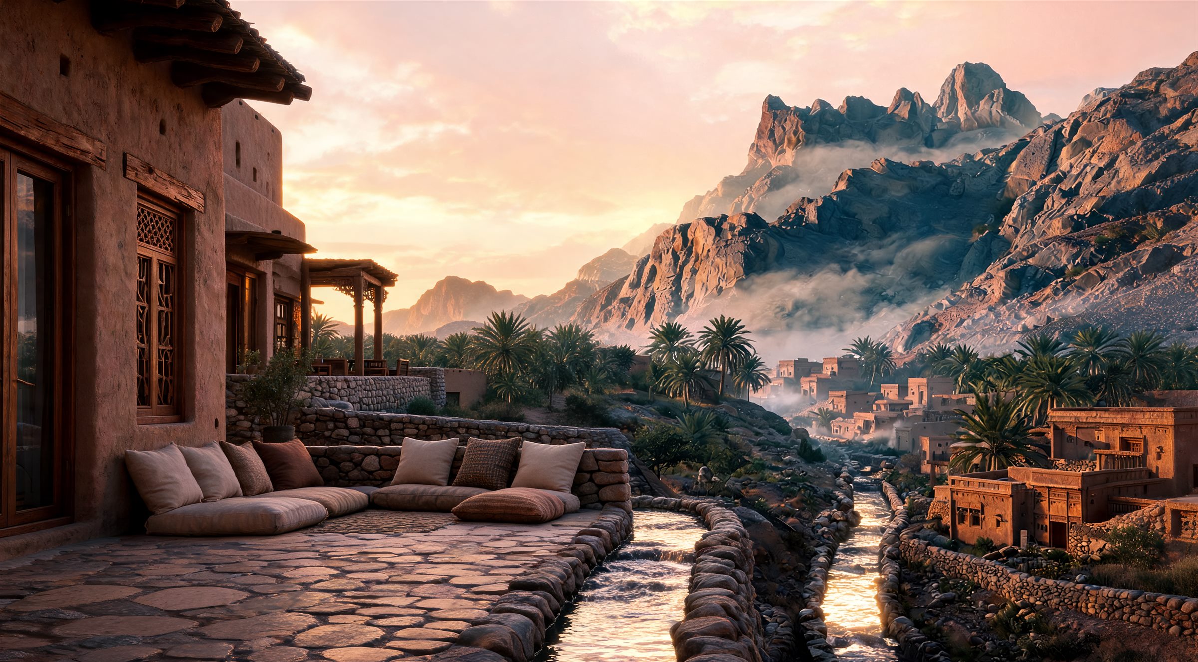 A terrace with cushions above a water channel, looking at the mountain at sunset (AI-generated concept image)