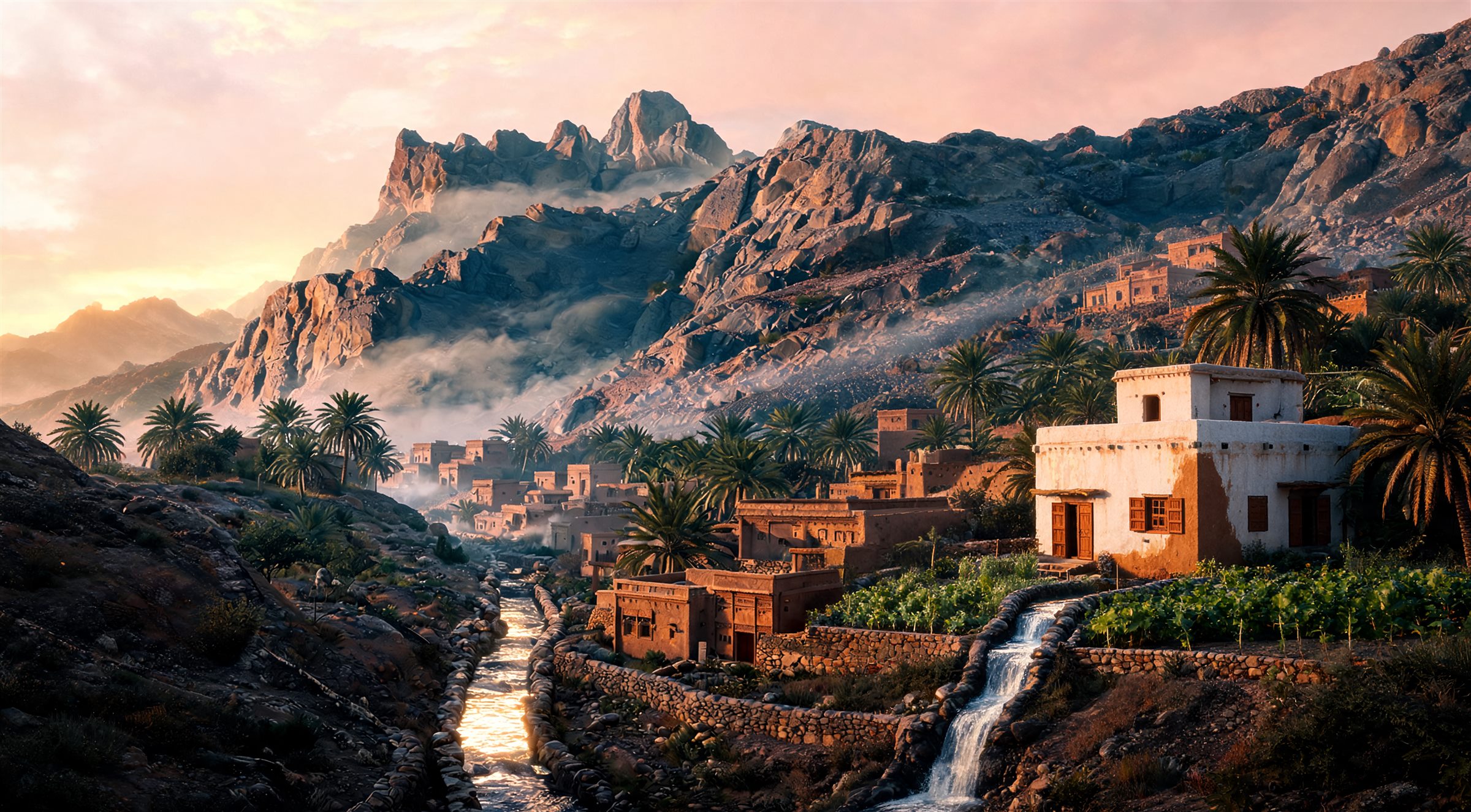 A whitewashed garden house among palms with a waterfall feeding the garden (AI-generated concept image)