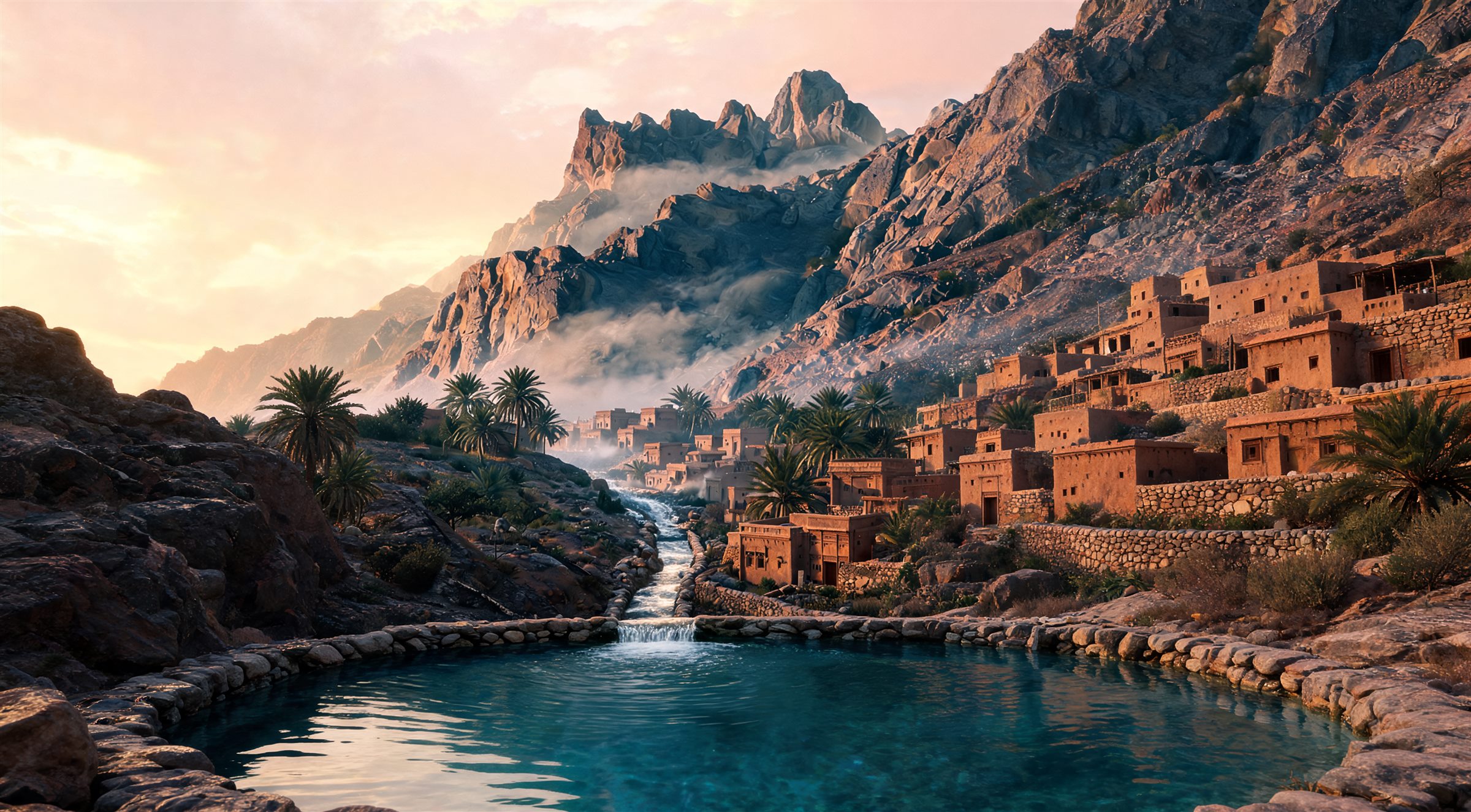 A small plunge pool fed by a stone weir, with the village and mountain beyond (AI-generated concept image)