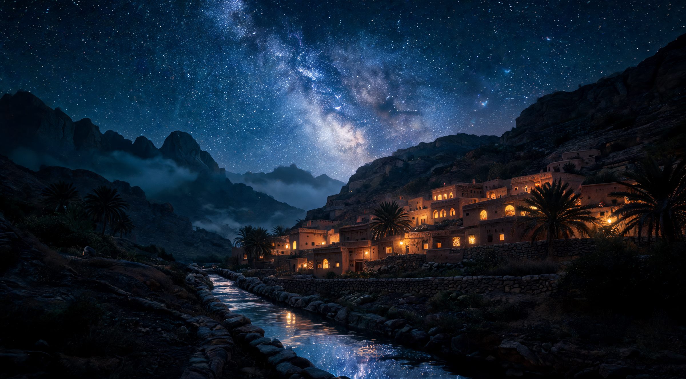 The Milky Way over the mountain with the water channel reflecting the stars (AI-generated concept image)